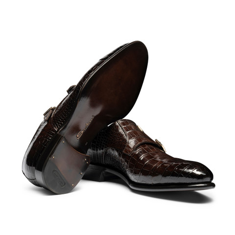Men's dark brown alligator leather double monk straps shoe - Santoni - 3