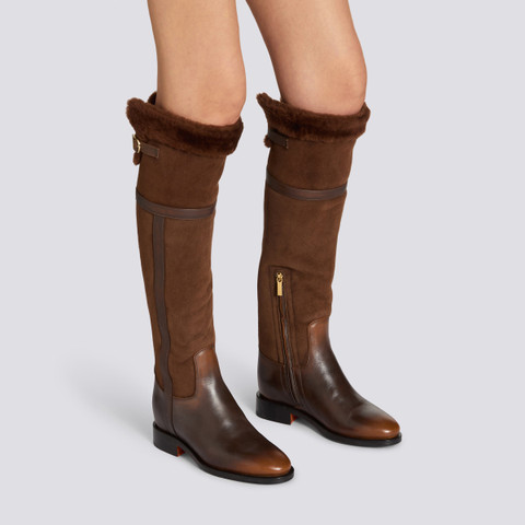 Women's dark brown leather and shearling boot - Santoni - 2