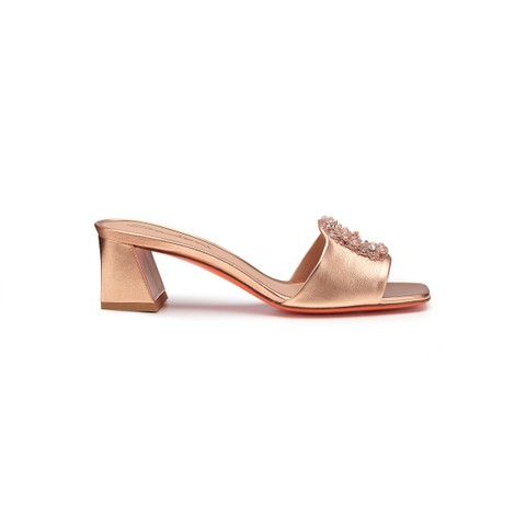Women's pink laminated leather mid-heel sandal - Santoni - 1