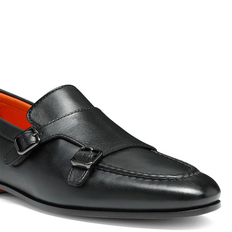 Men's polished black leather double monk loafer - Santoni - 6