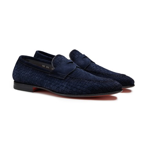 Men's blue woven suede Carlo penny loafer - Santoni - 1