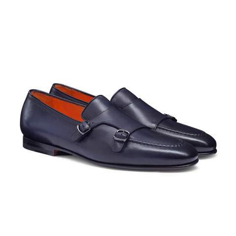 Men's polished blue leather double-buckle loafer - Santoni - 3