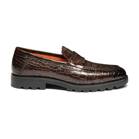 Men's dark brown alligator leather penny loafer - Santoni - 1