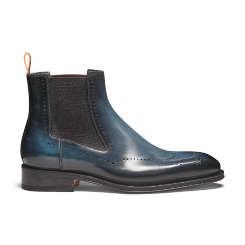 Blaue Chelsea-Boots für Herren aus Leder mit Brogue-Lochverzierung - Santoni - 1