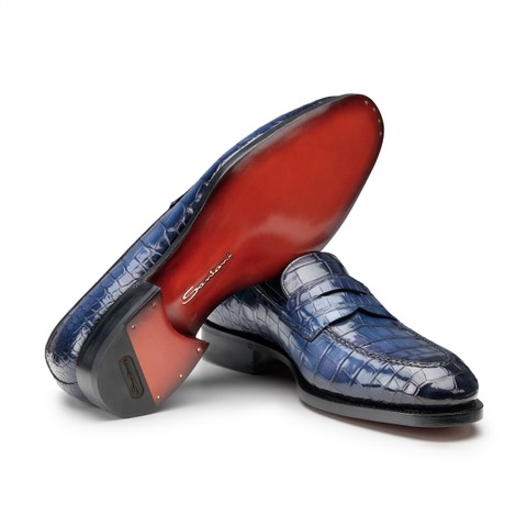 Men's blue alligator leather penny loafer - Santoni - 3
