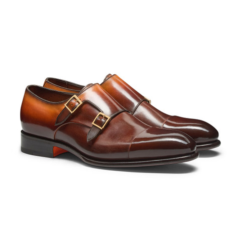 Men's orange leather double-buckle shoe - Santoni - 3