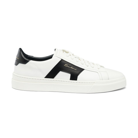 Men’s white and black leather double buckle sneaker - Santoni - 1