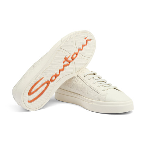 Men's white tumbled leather Double Buckle Sneaker - Santoni - 4