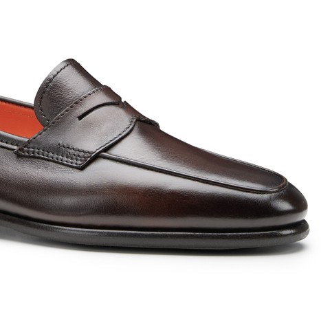 حذاء لوفر بنّي (Penny) Carlo من الجلد البني الداكن للرجال - Santoni - 5