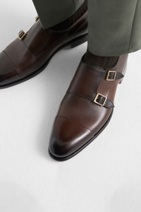 Men's dark brown leather double monk straps shoe - Santoni - editorial