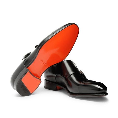 Men's polished black leather double-buckle shoe - Santoni - 4