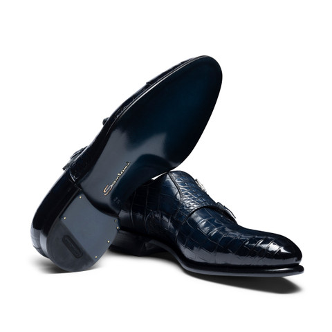 Chaussure à double boucle en alligator bleu pour homme - Santoni - 3