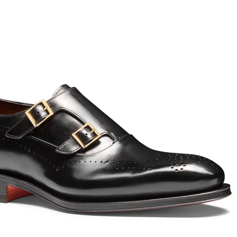 Men's black leather double monk straps brogue shoe - Santoni - 5