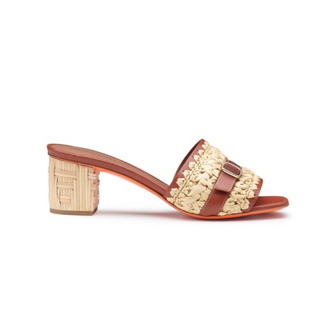 Women's brown leather and raffia mid-heel sandal - Santoni - 1