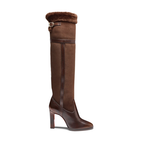 Women's dark brown leather and shearling high-heel boot - Santoni - 1