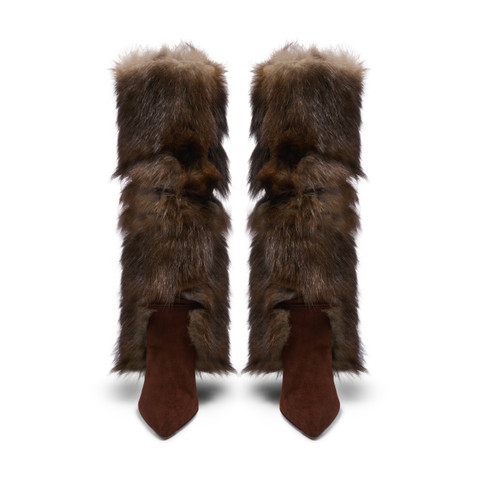 Women's dark brown leather and fox high-heel boot - Santoni - 5