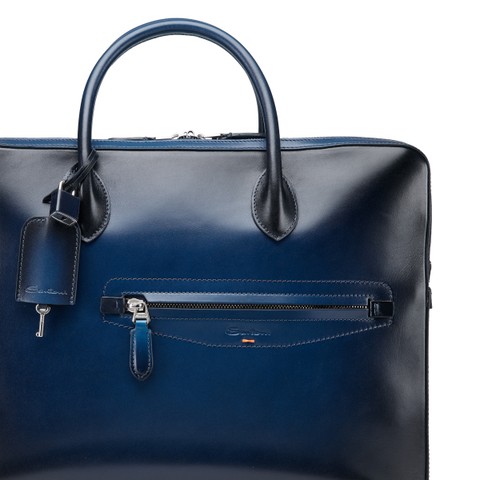 حقيبة لاب توب من الجلد بلون أزرق - Santoni - 5