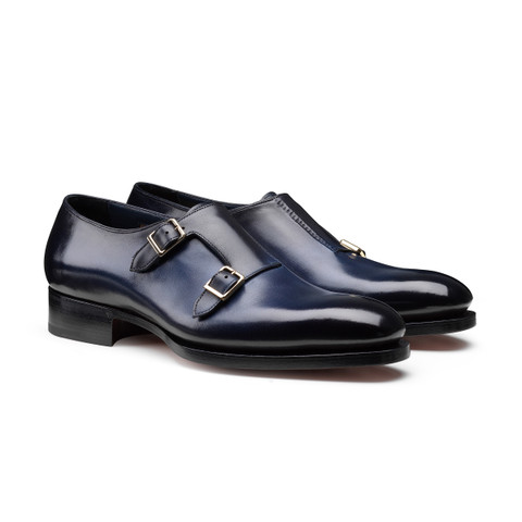Chaussure à double boucle Uniqua Collection Meraviglia en cuir bleu pour homme - Santoni - 2