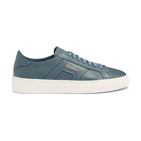Men's light blue tumbled leather Double Buckle Sneaker - Santoni - 1
