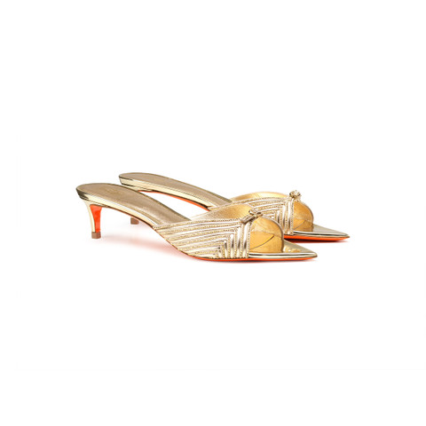 Women's gold leather and crystal mid-heel Meraviglia Collection sandal - Santoni - 3