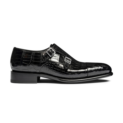 Chaussure à double boucle en alligator noir pour homme - Santoni - 1