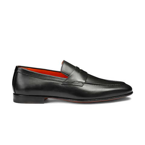 Men's polished black leather penny loafer - Santoni - 1