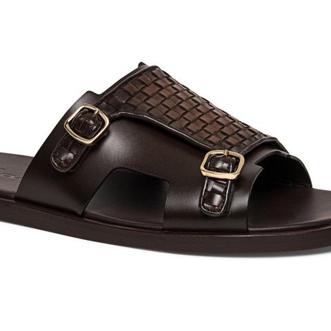 Sandale à double boucle en cuir marron avec tige tressée pour homme - Santoni - 5