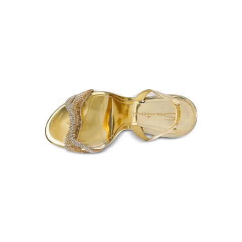 Women's gold laminated leather and crystals high-heel sandal - Santoni - 5