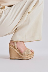 Women's beige suede and raffia wedge - Santoni - editorial