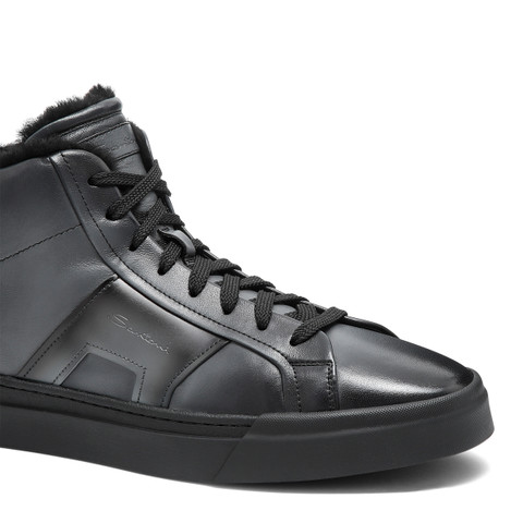 Men&rsquo;s grey leather Double Buckle Sneaker with fur - Santoni - 5