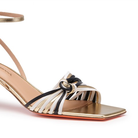 Women's gold, black and white leather mid-heel sandal - Santoni - 5