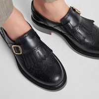 Women's black leather single monk strap shoe with frange - Santoni - 2