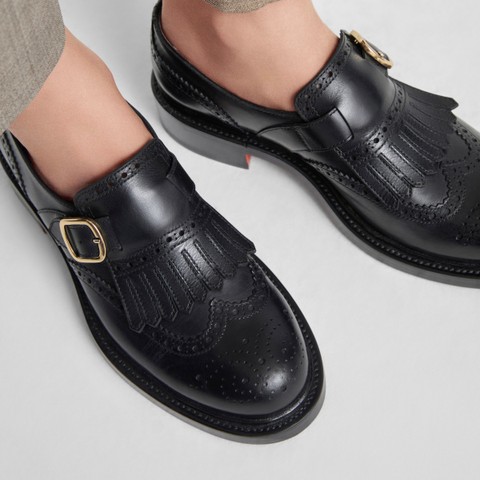Women's black leather single monk strap shoe with frange - Santoni - 2