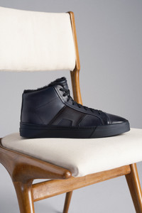 Men’s grey leather Double Buckle Sneaker with fur - Santoni - editorial