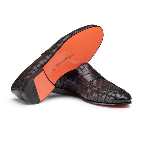 Men's dark brown woven leather Carlo penny loafer - Santoni - 4