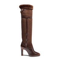 Women's dark brown leather and shearling high-heel boot - Santoni - 1