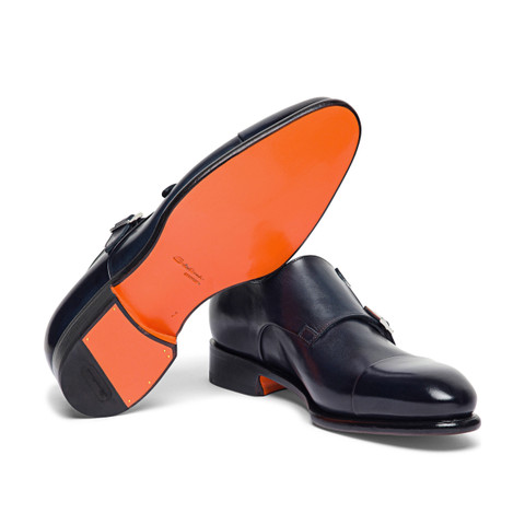 Men&rsquo;s polished blue leather double monk straps shoe - Santoni - 3