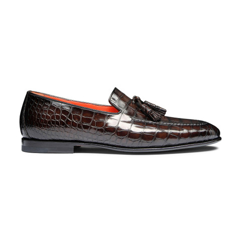 Mocassin avec glands en alligator brun fonc&eacute; pour homme - Santoni - 1