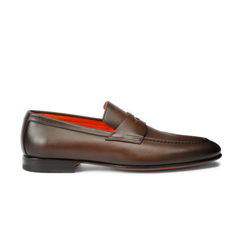 Men&rsquo;s polished brown leather penny loafer - Santoni - 1