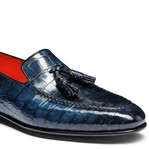 Mocassin avec glands en alligator bleu pour homme - Santoni - 5