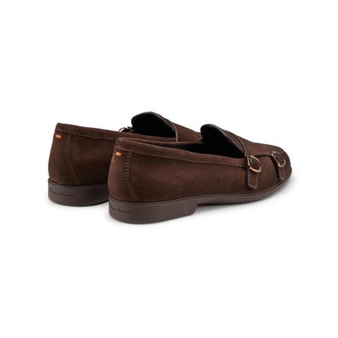 Women's dark brown suede double monk straps loafer - Santoni - 3