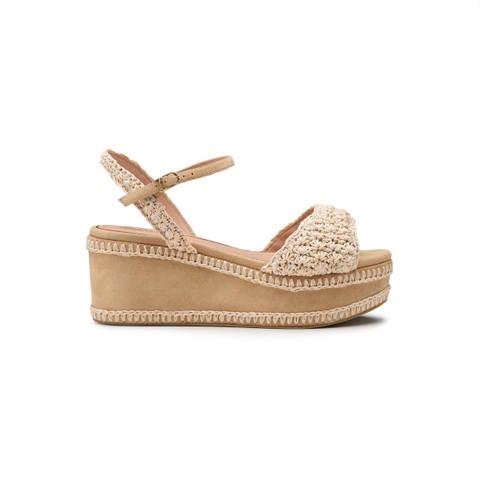 Women's beige suede and raffia wedge - Santoni - 1