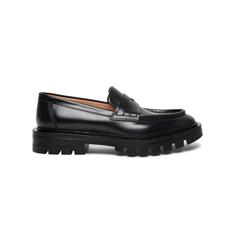 Women&rsquo;s polished black leather penny loafer - Santoni - 1