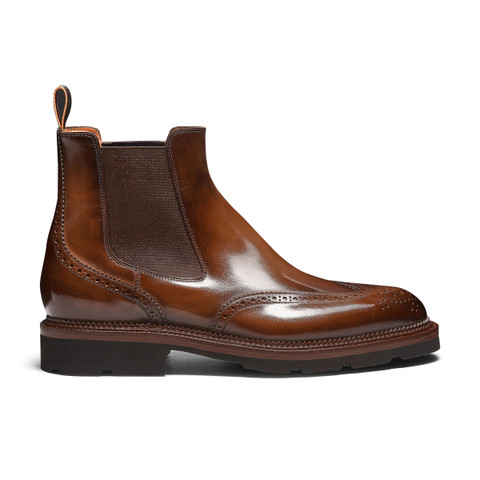 Men&rsquo;s brown leather Chelsea brogue boot - Santoni - 1