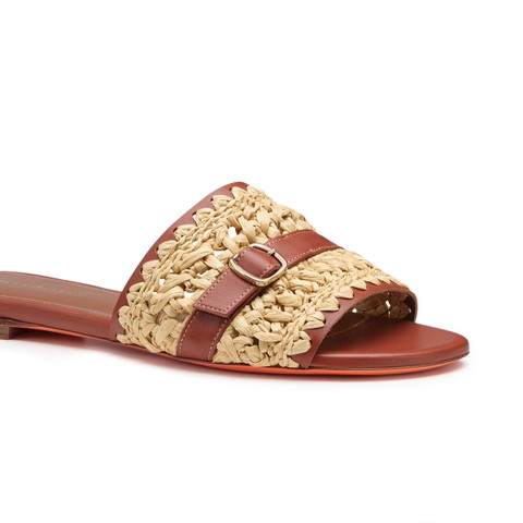 Women's brown leather and raffia slide sandal - Santoni - 5