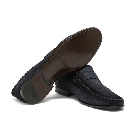 Men's blue suede penny loafer - Santoni - 3