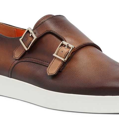 Men’s brown tumbled leather double-buckle shoe - Santoni - 6