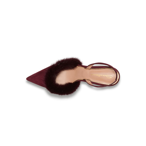 Women's burgundy suede and mink mid-heel slingback - Santoni - 5