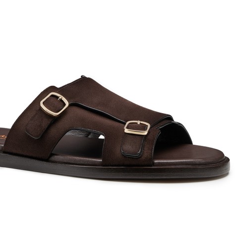Men's dark brown suede double-buckle sandal - Santoni - 5