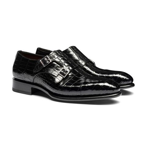 Chaussure à double boucle en alligator noir pour homme - Santoni - 2